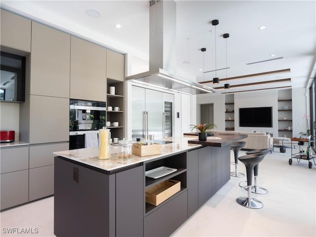 kitchen featuring gray cabinets, oven, island range hood, and open shelves