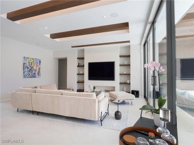 living area with built in shelves, a wall of windows, beamed ceiling, and recessed lighting