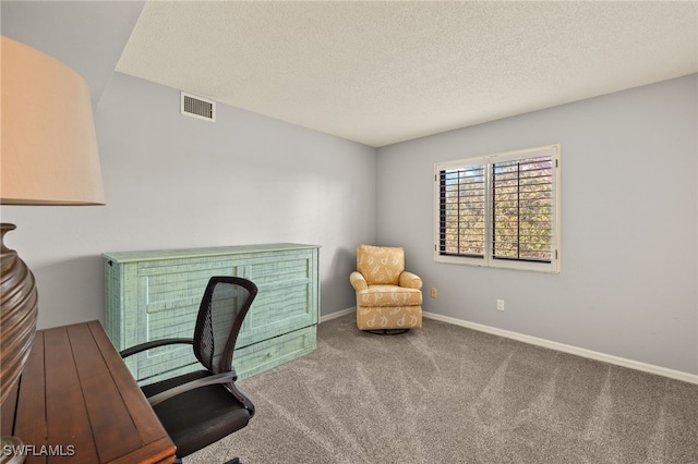 home office featuring carpet flooring and a textured ceiling