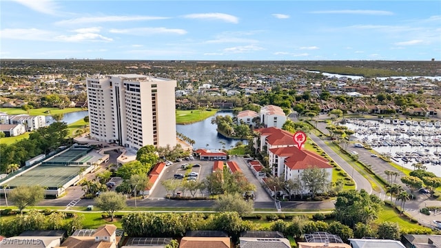 drone / aerial view featuring a water view