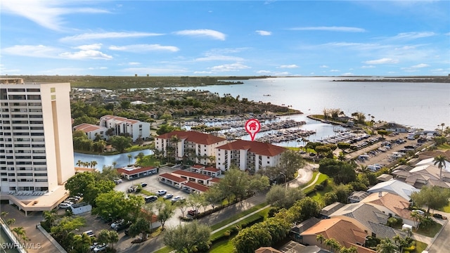 aerial view featuring a water view