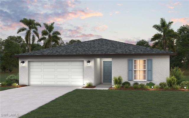 view of front of home with a yard and a garage