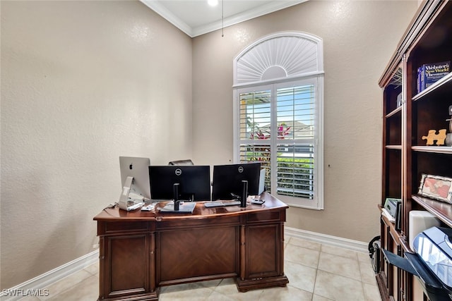 office featuring crown molding and light tile patterned floors