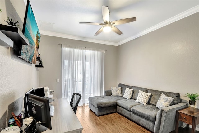 office space featuring crown molding, ceiling fan, and light wood-type flooring