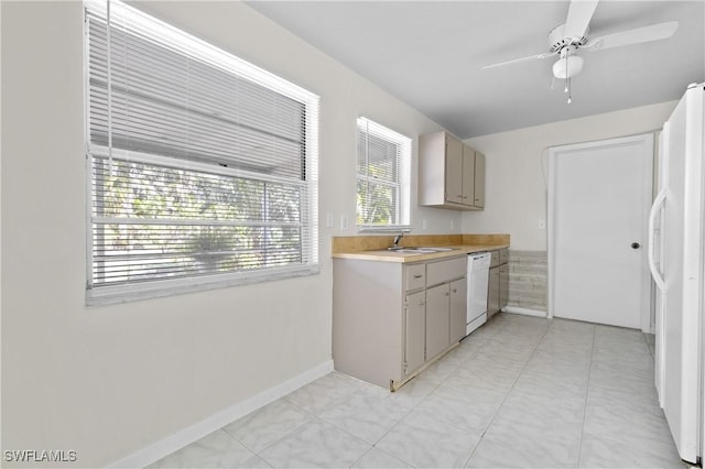 kitchen featuring ceiling fan, sink, and white appliances