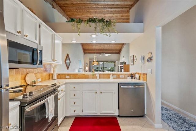 kitchen featuring wood ceiling, appliances with stainless steel finishes, hanging light fixtures, white cabinets, and kitchen peninsula