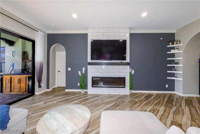 living room featuring crown molding, wood-type flooring, and a large fireplace