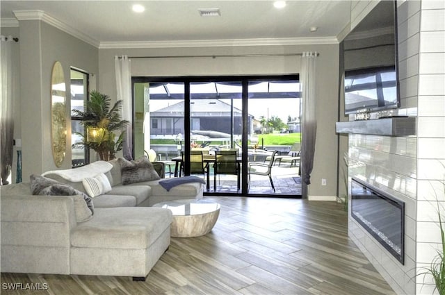 living room featuring crown molding, wood-type flooring, and a fireplace