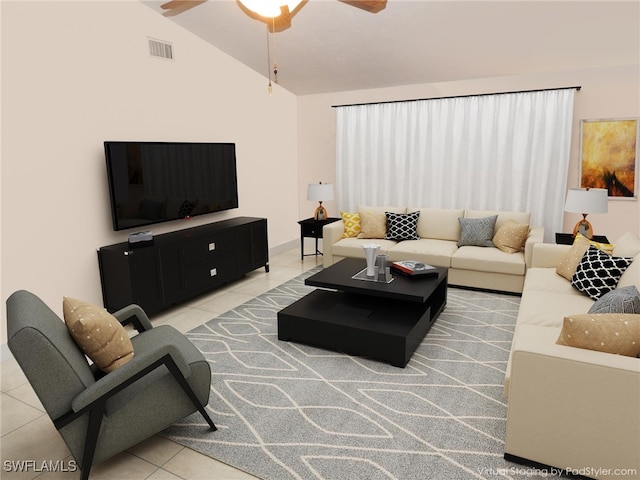 living room featuring ceiling fan, visible vents, vaulted ceiling, and light tile patterned floors