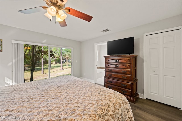 bedroom featuring dark wood-type flooring, access to exterior, ceiling fan, and a closet