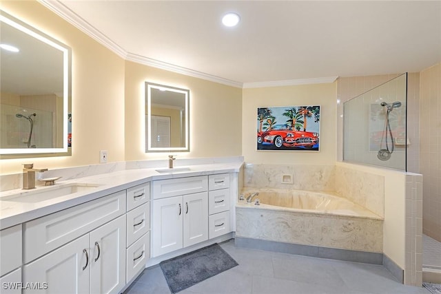 bathroom with ornamental molding, plus walk in shower, tile patterned flooring, and vanity