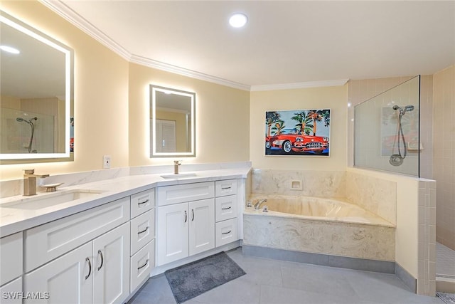 6290 Bellerive Ave Unit 102, Naples, FL 34119 - bathroom featuring a bath, double vanity, tiled shower, crown molding, and tile patterned floors