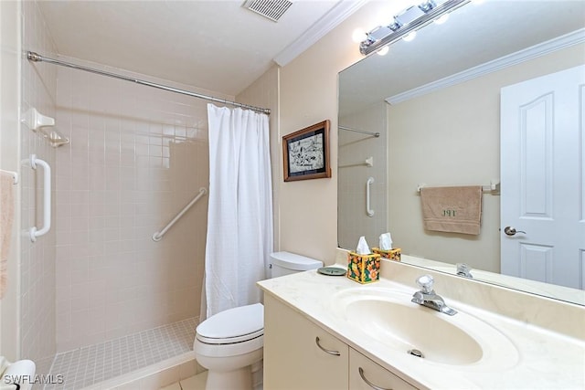 bathroom with a shower with curtain, ornamental molding, toilet, and vanity