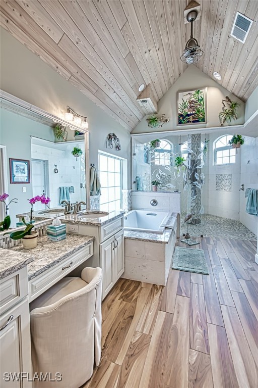 bathroom with hardwood / wood-style floors, a wealth of natural light, and plus walk in shower