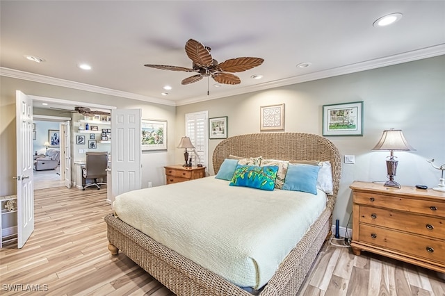 bedroom with crown molding, ceiling fan, and light wood-type flooring