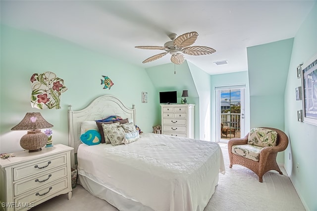 bedroom featuring access to outside, light colored carpet, and ceiling fan