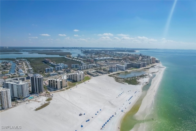 drone / aerial view with a view of the beach and a water view