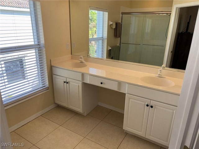 bathroom with tile patterned flooring, vanity, and walk in shower