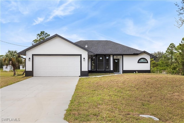 ranch-style house featuring a garage and a front lawn