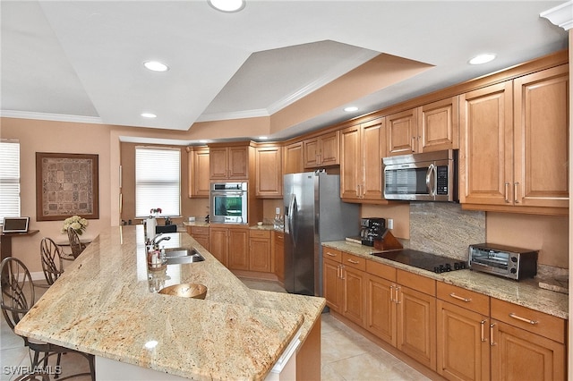 kitchen featuring a breakfast bar, sink, light stone counters, appliances with stainless steel finishes, and a large island