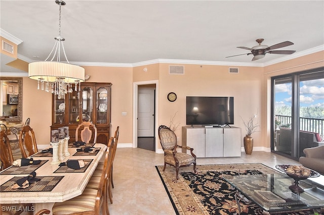 dining room featuring ceiling fan and ornamental molding