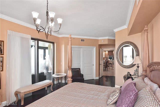 bedroom featuring crown molding, a chandelier, and dark hardwood / wood-style flooring