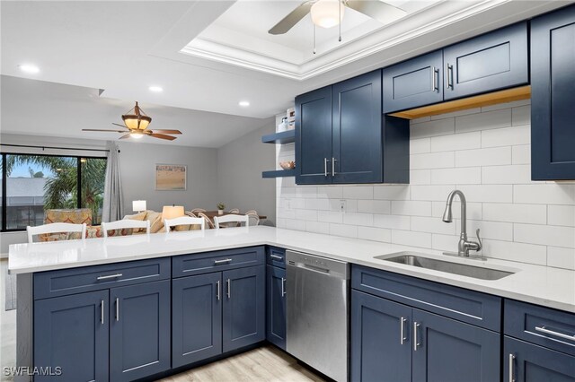 kitchen featuring sink, light hardwood / wood-style flooring, backsplash, stainless steel dishwasher, and kitchen peninsula