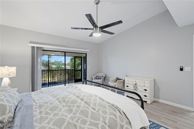 bedroom featuring ceiling fan, lofted ceiling, light hardwood / wood-style floors, and access to outside