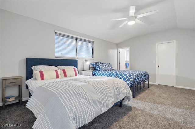 bedroom with vaulted ceiling, carpet, and ceiling fan