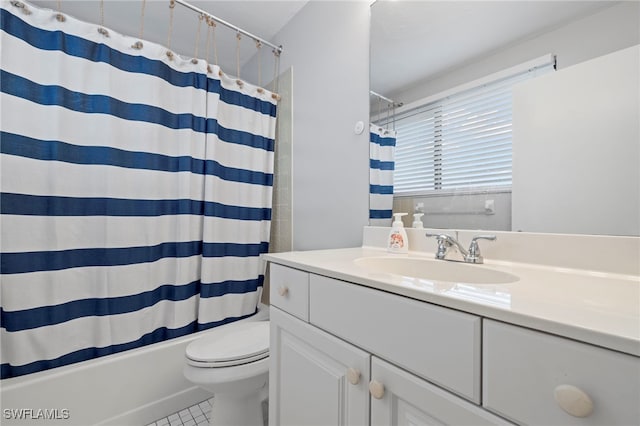 full bathroom with vanity, tile patterned flooring, shower / bath combo, and toilet