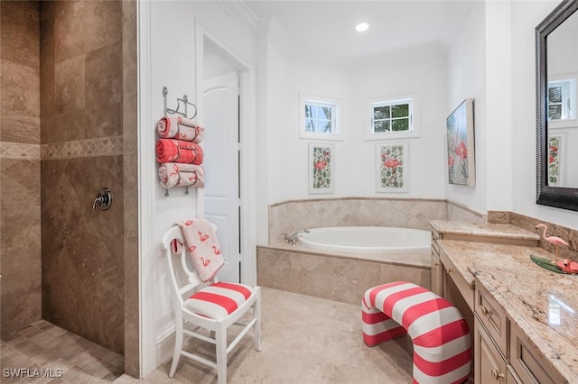 bathroom featuring vanity, tile patterned flooring, ornamental molding, and separate shower and tub