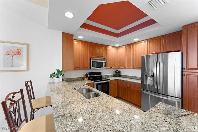 kitchen with a raised ceiling, appliances with stainless steel finishes, a breakfast bar area, and kitchen peninsula