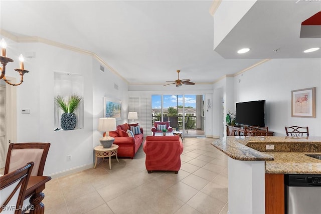 tiled living room featuring crown molding and ceiling fan