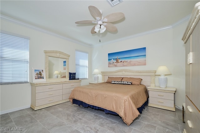 bedroom with crown molding and ceiling fan