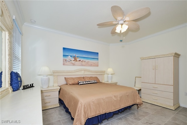 bedroom featuring crown molding and ceiling fan