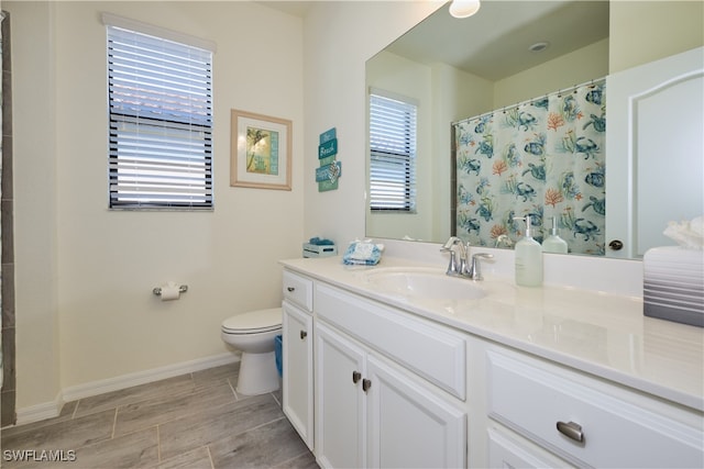 bathroom with vanity, walk in shower, and toilet