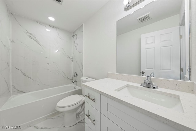 full bathroom featuring visible vents, bathing tub / shower combination, toilet, marble finish floor, and vanity