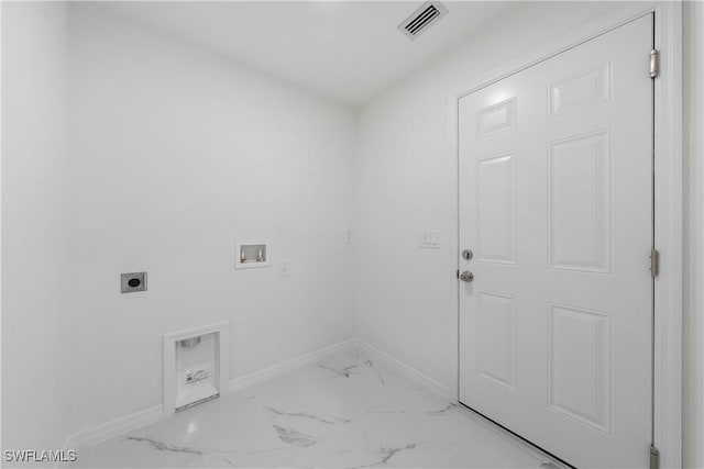 clothes washing area with washer hookup, marble finish floor, hookup for an electric dryer, laundry area, and baseboards