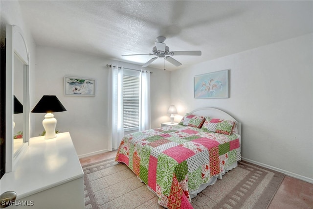 bedroom featuring a textured ceiling and ceiling fan