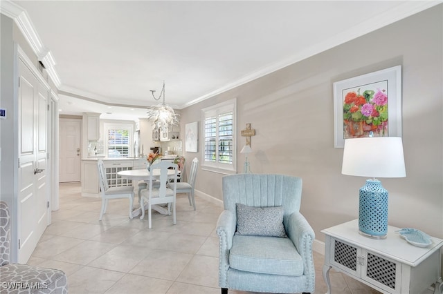 tiled dining space featuring ornamental molding