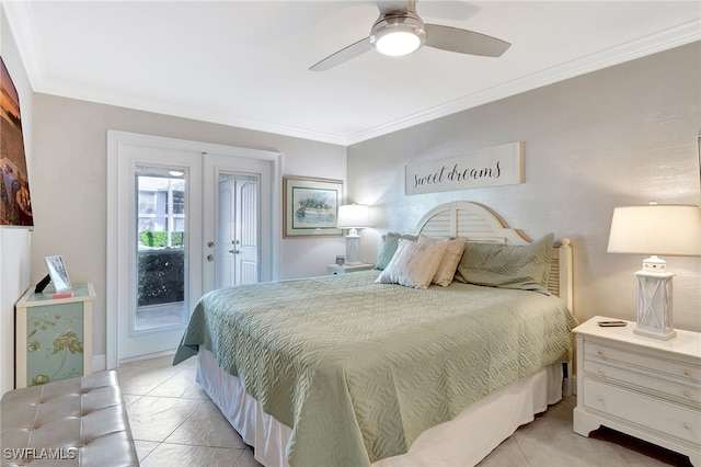 tiled bedroom with crown molding, ceiling fan, french doors, and access to outside