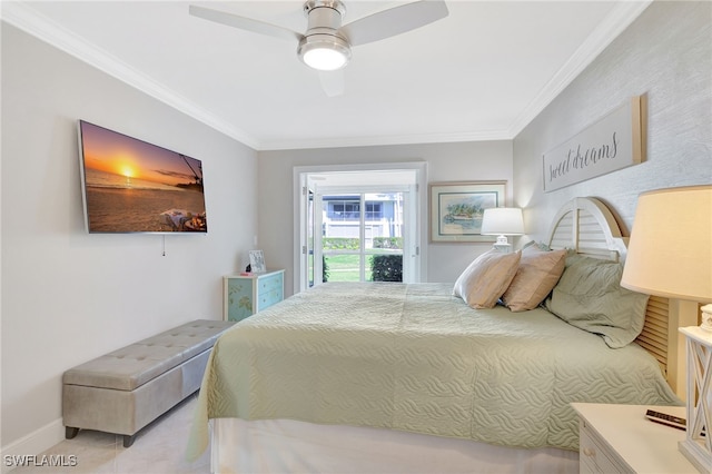 bedroom with crown molding, access to outside, ceiling fan, and light tile patterned floors