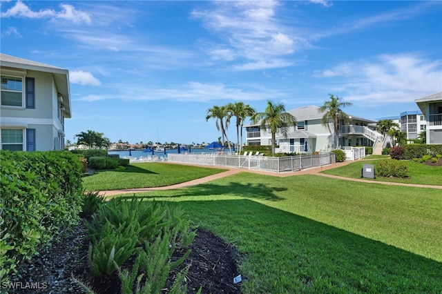 view of yard with a water view