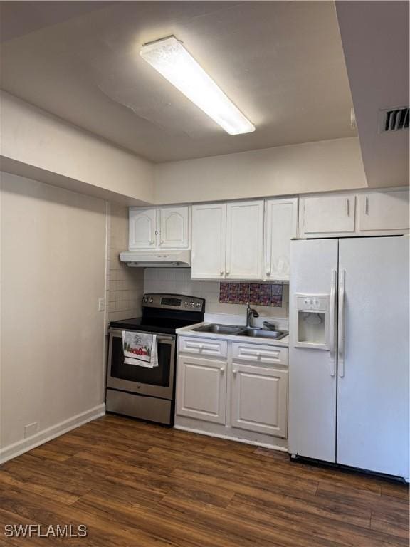 kitchen with sink, stainless steel electric range oven, dark hardwood / wood-style flooring, white refrigerator with ice dispenser, and white cabinets