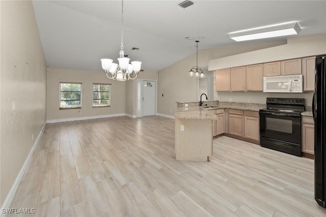 kitchen featuring black appliances, sink, a chandelier, kitchen peninsula, and light brown cabinets