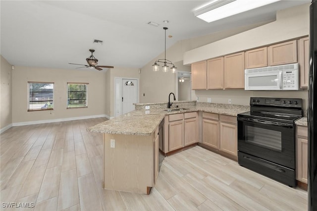 kitchen with light brown cabinetry, black range with electric cooktop, sink, and kitchen peninsula