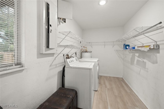 washroom featuring light wood-type flooring, electric panel, and washer and clothes dryer