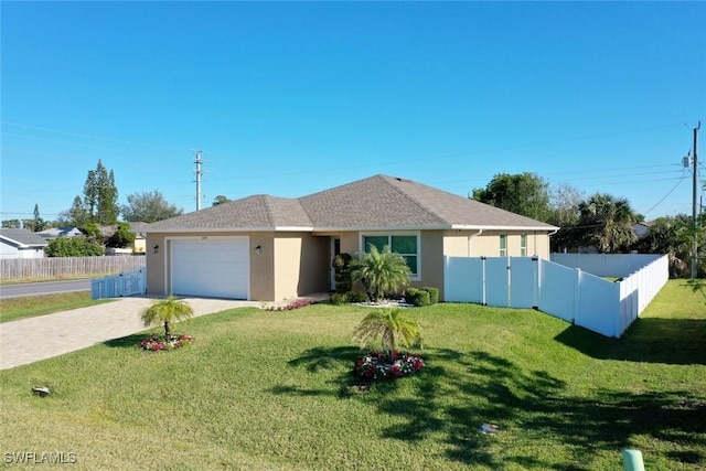 ranch-style house with a garage and a front yard