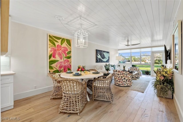 dining space with a notable chandelier, wooden ceiling, and light wood-type flooring