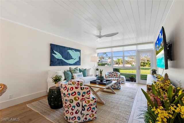 living room with ceiling fan, wooden ceiling, and light wood-type flooring